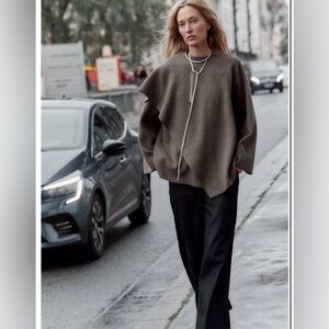 NWT Zara Shawl Collar Knit Cape Asymmetric Gray Cardigan Sweater Small/Medium